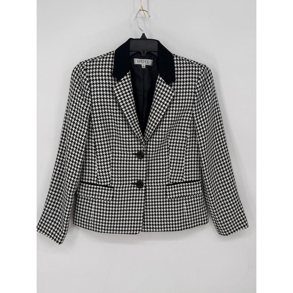 Kasper Blazer Women 10 Black EUC Houndstooth Velvet Collar Two Button Tailored